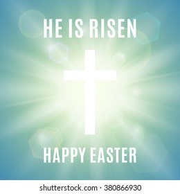 Hi is Risen. Happy Easter background with white cross and sun rays in the sky . Vector illustration.