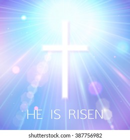 Hi is Risen. Happy Easter Blue Background with bokeh, white cross and sun rays. Vector Illustration.