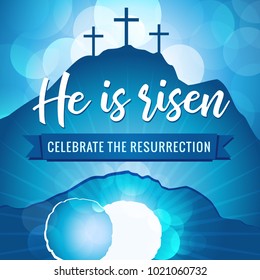 Hi is risen holy week easter banner. Easter christian motive, vector invitation to an Easter Sunday service with text He is risen on a background of rolled away from the tomb stone of Calvary