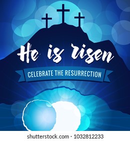 Hi is risen holy week easter navy blue banner. Easter christian motive, vector invitation to an Easter Sunday service with text He is risen on a background of rolled away from the tomb stone of Calvar