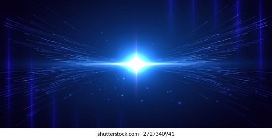 Líneas de luz azul de alta velocidad con efecto de iluminación y brillo sobre fondo azul oscuro. Ilustración vectorial