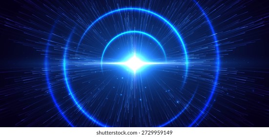 Líneas de luz azul de alta velocidad con efecto de iluminación y brillo sobre fondo azul oscuro. Ilustración vectorial