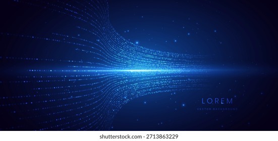 Líneas de luz azul punteadas de alta velocidad con efecto de iluminación y brillo sobre fondo azul oscuro. Ilustración vectorial