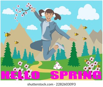 Hi spring. Cheerful, smiling girl with a sprig of cherry blossoms with outstretched arms in a jump. Bees are flying around.