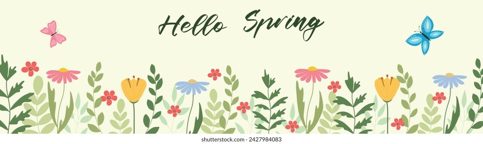 Hola primavera. Banner de primavera horizontal con flores y mariposas. Vector.