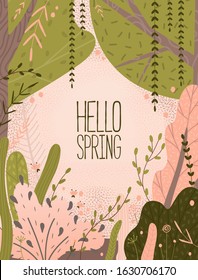 Hi spring. Template for text for invitation cards, flyer, flyer, print on paper. Decorative abstract forest, bushes, trees, grass and flowers. minimalism, vector graphics
