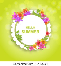 Hi summer. A bright background with flowers lilies. Poster, invitation, banner. Vector illustration.