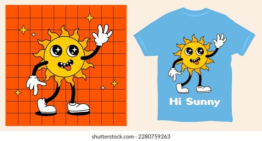 Hi sunny mascot walking smiled retro cartoon character illustration print