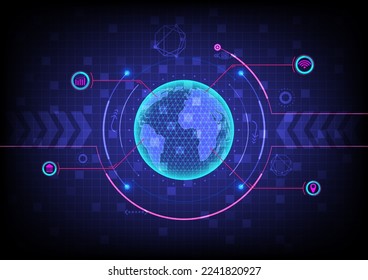 fondo abstracto de alta tecnología
globo 3d brillante con círculo punteado y línea de posición de contorno a varios símbolos Hay múltiples elementos y cuadrículas en un fondo de degradado azul.