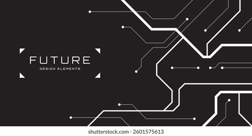 Hi Tech abstract geometric background with place for text. White PCB elements isolated on black. Techno style banner design. Corner composition. Vector illustration.