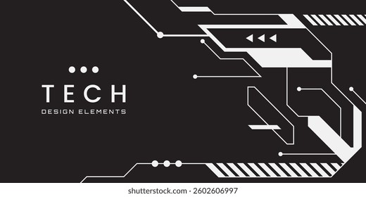 Hi Tech abstract geometric background with place for text. Modern sci-fi banner. Black and white colors. Corner composition. Vector illustration