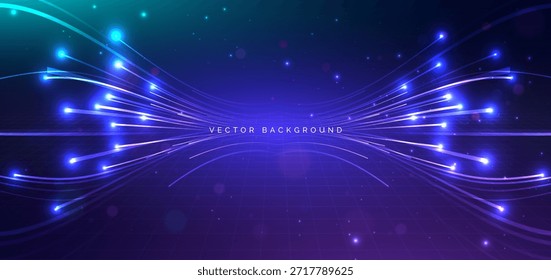 Hi tech blue wave lines on dark blue background with lighting effect. Technology futuristic concept. Vector illustration
