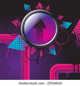 Hi tech Button with retro feel and colors with arrows pointing around