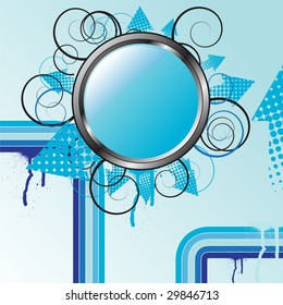 Hi tech Button with retro feel and colors with arrows pointing around