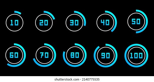 Hi tech circle percentage from ten to hundred. From 10 to 100 percent in circle icon set, infographic progress modern design elements