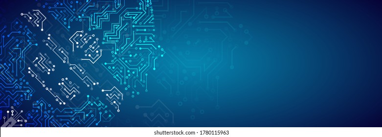 Hi tech circuit board design innovation concept. Abstract futuristic wide communication vector illustration. Sci fi technology on the blue background.