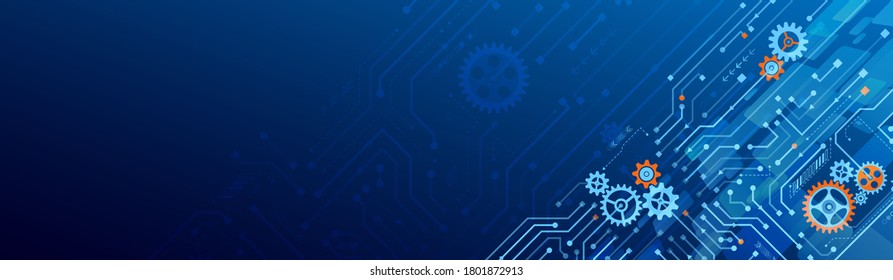 Hi tech circuit board design innovation concept. Abstract futuristic wide communication vector illustration. Sci fi technology on the blue background.