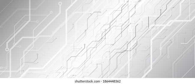Concepto de innovación en el diseño de tarjetas de circuitos de alta tecnología. Resumen de la ilustración futurista del vector de comunicación amplia. Tecnología de ciencia ficción en el fondo gris.