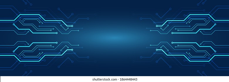 Hi tech circuit board design innovation concept. Abstract futuristic wide communication vector illustration. Sci fi technology on the blue background.