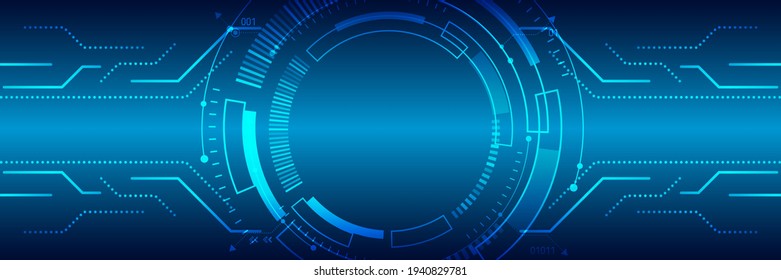 Innovationskonzept für High-Tech-Leiterplatten-Design. Abstrakte futuristische Breitkommunikation, Vektorgrafik. Science-Fiction-Technologie auf blauem Hintergrund.