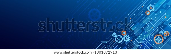 Hi tech circuit board design innovation\
concept. Abstract futuristic wide communication vector\
illustration. Sci fi technology on the blue\
background.