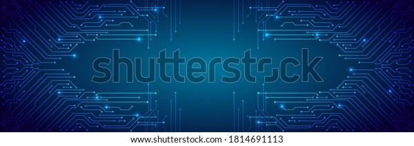 Hi tech circuit board design innovation\
concept. Abstract futuristic wide communication vector\
illustration. Sci fi technology on the blue\
background.