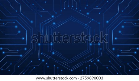 Hi tech circuit board frame with glowing blue lines and futuristic digital patterns, vector realistic illustration. High tech abstract electronic backdrop with hexagonal border and neon light