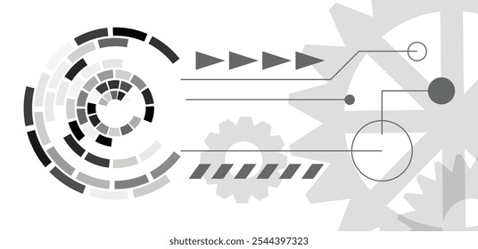 Esfera circular de alta tecnología y mecanismo de engranajes Fondo monocromo moderno. Tecnología y Arte vectorial de sistemas de interfaz de usuario de computación moderna
