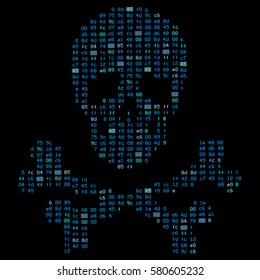 Hi tech crossbones / death skull, danger sign from binary code. It illustrates the idea of cyber security, data protection and information breaches, vulnerabilities, hacking attacks.