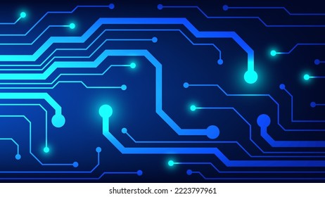 Hi tech digital circuit board. AI pad and electrical lines connected on blue lighting background. futuristic technology design element concept