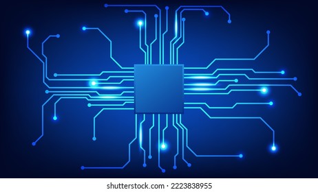 Hi tech digital circuit board. AI pad and electrical lines connected on blue lighting background. futuristic technology design element concept