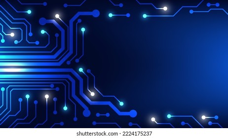 Hi tech digital circuit board. AI pad and electrical lines connected on blue lighting background. futuristic technology design element concept