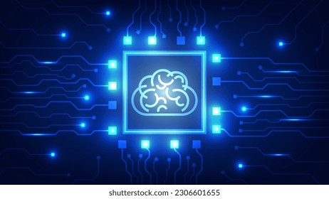 Hi tech digital circuit board. AI pad and electrical lines connected on blue lighting background. futuristic technology design element concept