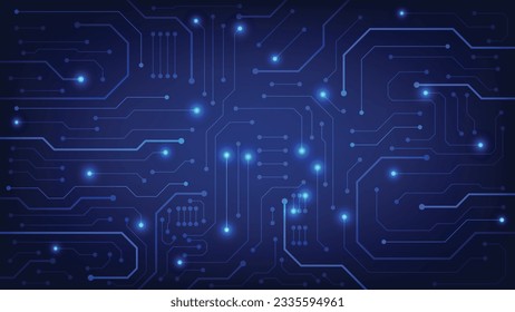 Tarjeta de circuito digital de alta tecnología. Almohadilla de IA y líneas eléctricas conectadas con fondo de iluminación azul. concepto de elemento de diseño de tecnología futurista