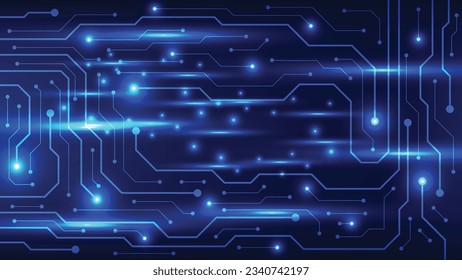 Tarjeta de circuito digital de alta tecnología. Almohadilla de IA y líneas eléctricas conectadas con fondo de iluminación azul. concepto de elemento de diseño de tecnología futurista