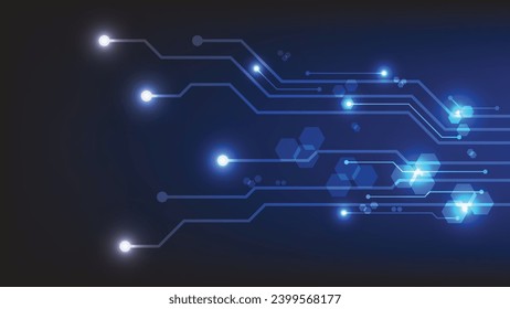 Hi tech digital circuit board. electrical lines connected on blue lighting background. futuristic technology design element concept