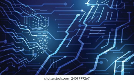 High-Tech-Digital-Schalttafel. elektrische Leitungen auf blauem Hintergrund. Konzept des futuristischen Technologiedesigns