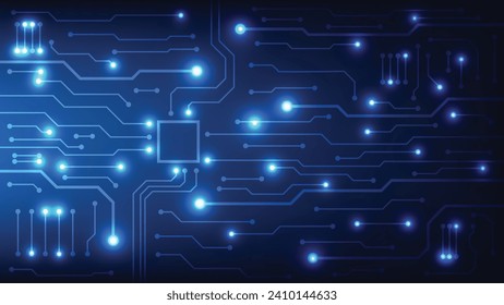 Hi tech digital circuit board. electrical lines connected on blue lighting background. futuristic technology design element concept