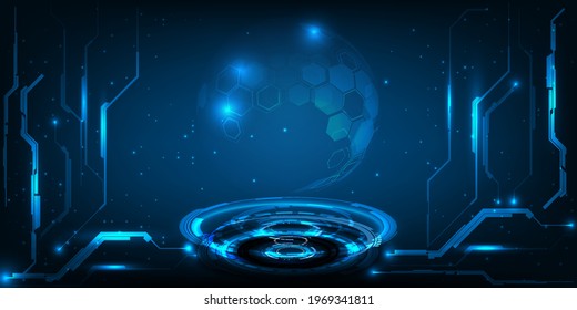 Hi tech digital technology abstract blue background with floating particle and glowing effect pedestal for digital element showcase.Vector illustrations.