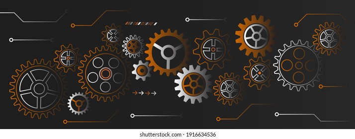 Hi tech gear design innovation concept. Abstract cogwheel communication vector illustration. Wide engineering mechanism background.