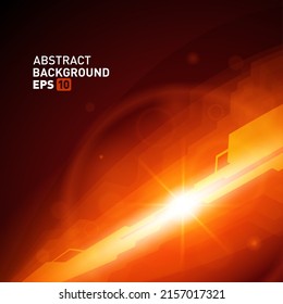 Hi tech light explosion yellow red geometric textured flow random dust particles dynamic innovation engineering background template vector illustration. Abstract technology ornament futuristic connect