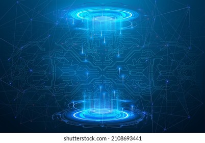 Hi tech modern tech stage or room with digital architecture circuit line around. Magic portal, hologram, circle teleport, Sci-fi gadget. High-tech projector  HUD style. Futuristic magic circle podium
