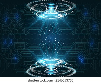 Hi tech modern tech stage or room with digital architecture circuit line around. Magic portal, hologram, circle teleport, Sci-fi gadget. High-tech projector HUD style. Futuristic magic circle podium