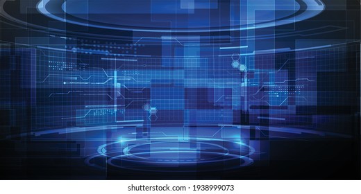 Hi Tech Modern Technology Hall With Grid Line And Digital Element Around Layout For Showcase Or Stage Background.Vector Illustrations.Futuristic Digital Technology Concept.