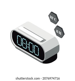 Hi tech sleeping isometric composition with isolated image of bedside electronic alarm clock with thermometer vector illustration