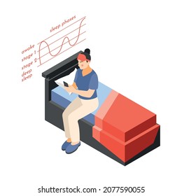 Hi tech sleeping isometric composition with isolated image of bed with sitting woman checking graph of sleep phases vector illustration