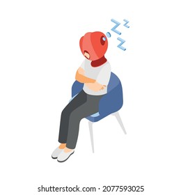 Hi tech sleeping isometric composition with character of person sitting in chair with sleep helmet on head vector illustration