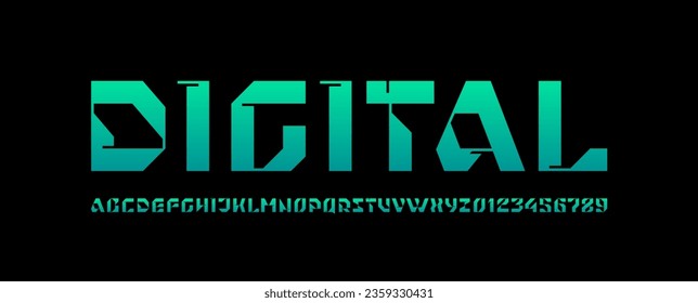 Hi tech techno alphabet font, for your future space design logo or brand name or game, cropped letters and numbers, vector illustration 10EPS