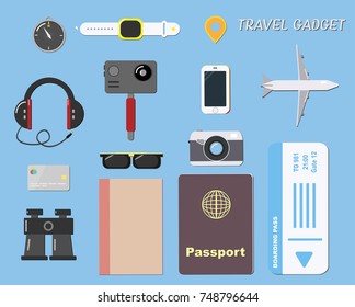 Hi tech travel gadget and object on blue for travel concept icons