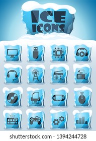 hi tech vector icons frozen in transparent blocks of ice
